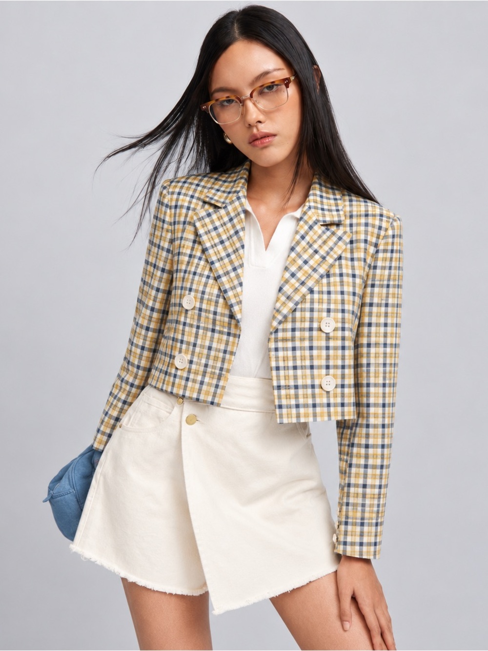 Baum und Pferdgarten Bianka Mustard Plaid Cropped Blazer Boxy Size 34 Small